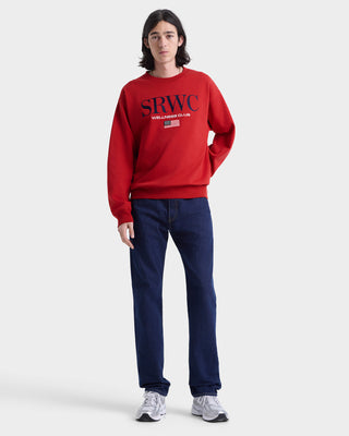 Person wearing a red sweatshirt with 'SRWC' branding on a white background