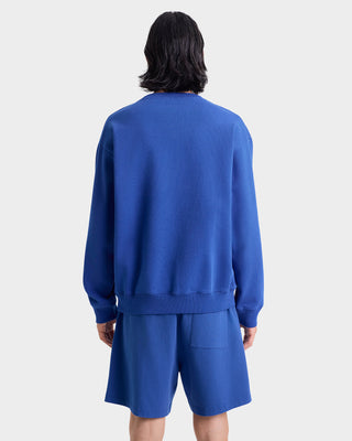 Person wearing a blue sweatshirt and shorts set on a white background