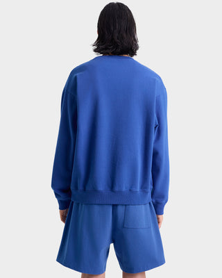 Person wearing a blue tracksuit on a white background