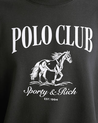 Black t-shirt with white 'Polo Club Sporty & Rich' text and horse graphic
