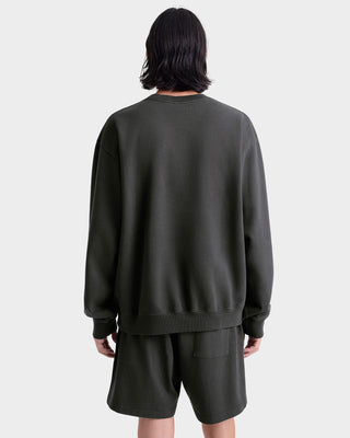 Person wearing a dark gray sweatshirt and shorts set on a white background