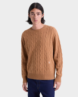 Man wearing a brown cable knit sweater on a white background