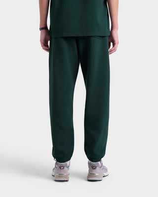 Person wearing dark green pants on a white background