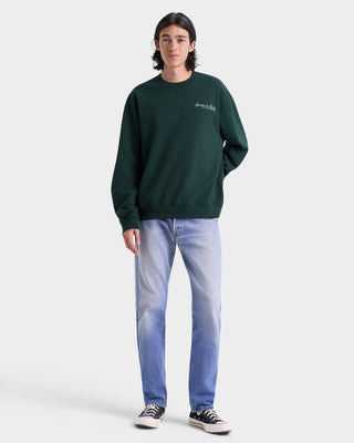 Person wearing a green sweatshirt and blue jeans on a white background