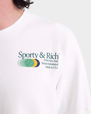 White t-shirt with Sporty & Rich logo and text on a white background