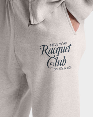 Gray hoodie with 'New York Racquet Club Sporty & Rich' text on a white background