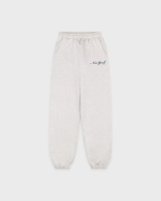 Light gray sweatpants with 'New York' text on a white background