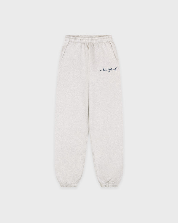 Light gray sweatpants with 'New York' text on a white background