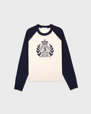 NY Crest Cashmere Baseball Sweater - Ecru/Navy