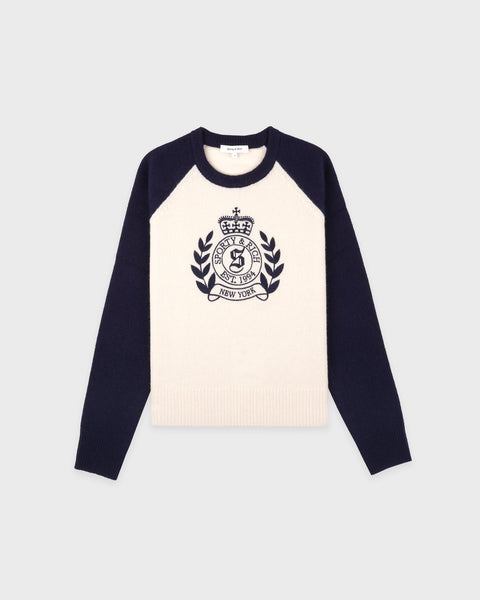 NY Crest Cashmere Baseball Sweater - Ecru/Navy