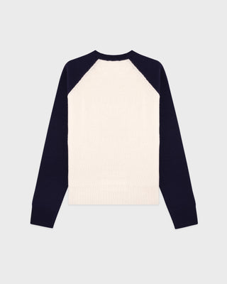 NY Crest Cashmere Baseball Sweater - Ecru/Navy