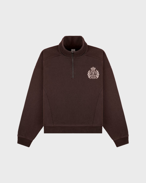 NY Crest Embroidered Quarter Zip - Chocolate, made from 100% cotton in a rich chocolate brown, features a crest and laurel embroidered logo on the left chest and is displayed on a white background.