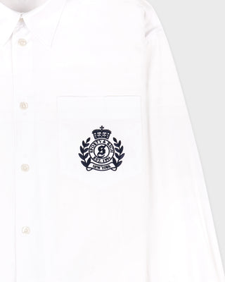White shirt with a black logo on a white background