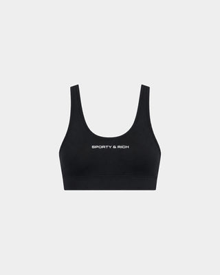 The Florian Bold Logo Active Bra in black features a racerback silhouette with bold white SPORTY & RICH text centered on the front, providing comfortable support for your workouts and shown against a light background.
