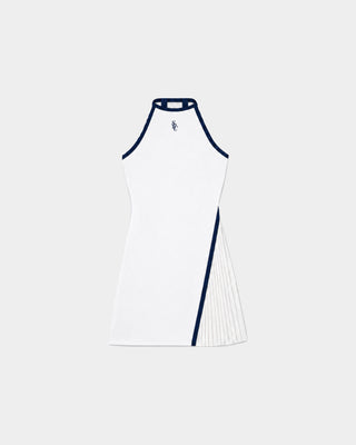 Rain SRC Slant Tennis Dress in White/Dark Navy features a sleeveless design with navy trim, a pleated skirt section, and a small logo near the neckline. Crafted from technical stretch fabric with built-in shorts, this dress offers comfort and ease on the court.