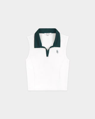 A sleeveless white polo shirt with a dark green collar and a small embroidered logo on the chest, displayed flat against a light gray background.