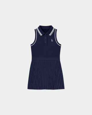 Introducing the Ruby SRC Pleated Polo Dress in Dark Navy/White—a sleeveless polo dress with crisp white trim, classic collar, pleated skirt, and a subtle chest logo, making it the perfect chic tennis dress.