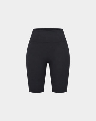 Brooke Bold Logo Biker Short - Black: High-waisted black biker shorts with a 6-inch inseam and supportive high-rise waistband, shown against a plain white background.