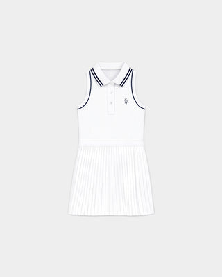 Ruby SRC Pleated Polo Dress in White/Dark Navy: A sleeveless, classic polo-style dress featuring pleats, a collared neckline with navy trim, front buttons, and a small embroidered logo—reminiscent of a timeless tennis dress.