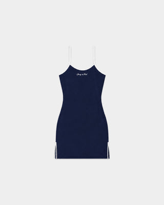 Rosa Signature Logo Sports Dress in Dark Navy/White, featuring white spaghetti straps, small side slits, and a sleek bodycon mini silhouette—an on-trend court essential—displayed on a plain white background.
