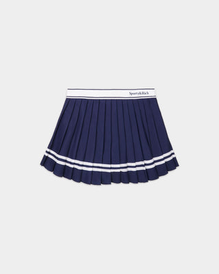 Ally Serif Logo Pleated Skirt in Dark Navy/White, featuring white stripes, a Sporty & Rich logo on the elastic waistband, and built-in shorts for added comfort.