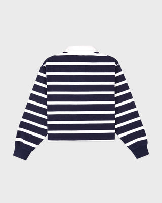 Navy and white striped sweater on a light gray background