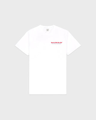 White t-shirt with red text on a light gray background