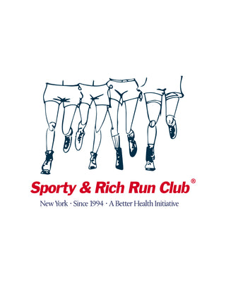 Logo of Sporty & Rich Run Club with running figures and text on a white background