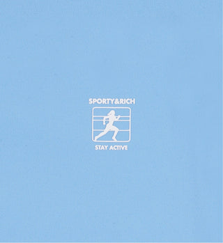 Atlantic blue background featuring a white running person logo and the text SPORTY&RICH STAY ACTIVE, inspired by the Runner Sports Bra - Atlantic/White for athletic support.
