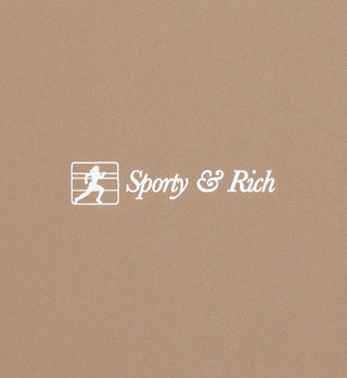 White Sporty & Rich text and a running figure icon on a tan background—perfect inspiration for your next workout or pairing with the high waisted Runner Script Legging in Earl Gray/White.