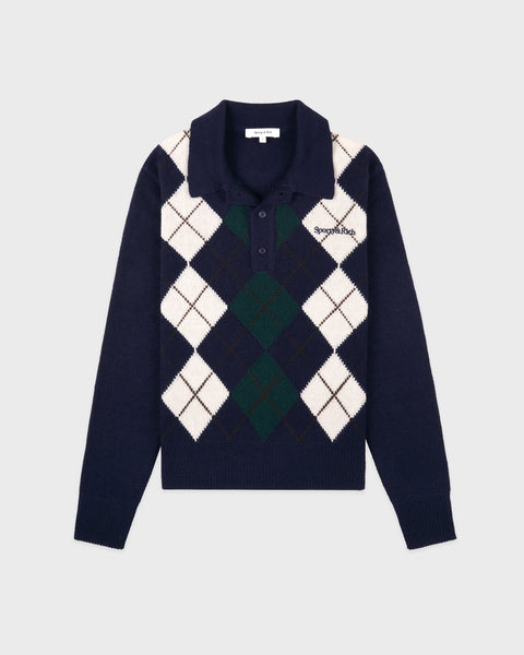Serif Logo Argyle Cashmere Polo - Navy/Forest/Ecru