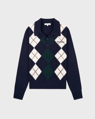 Serif Logo Argyle Cashmere Polo - Navy/Forest/Ecru