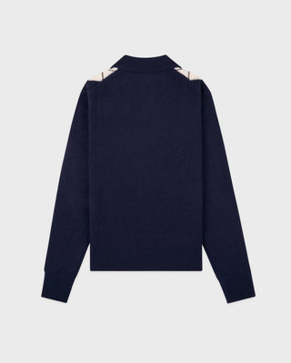 Serif Logo Argyle Cashmere Polo - Navy/Forest/Ecru