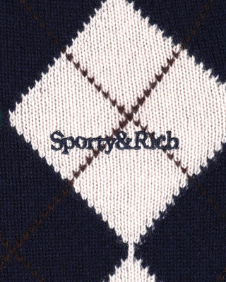 Serif Logo Argyle Cashmere Polo - Navy/Forest/Ecru