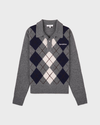 Serif Logo Argyle Cashmere Polo - Gray/Navy/Ecru