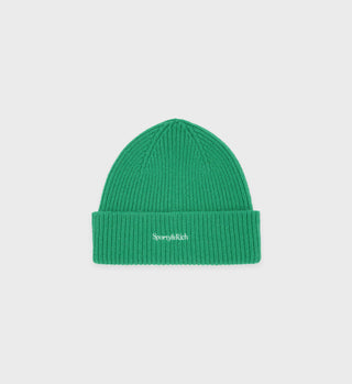 Introducing the Serif Logo Beanie - Kelly: a bright green knit beanie with a folded brim, featuring the Sporty & Rich serif logo embroidered in white. Crafted from responsibly sourced Angora, this Caregora Angora design blends comfort with conscious style.
