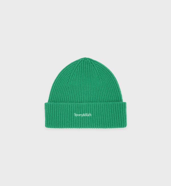 Introducing the Serif Logo Beanie - Kelly: a bright green knit beanie with a folded brim, featuring the Sporty & Rich serif logo embroidered in white. Crafted from responsibly sourced Angora, this Caregora Angora design blends comfort with conscious style.