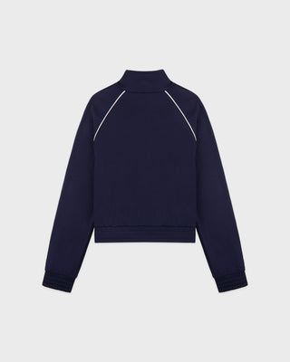 Navy blue half-zip sweatshirt on a light gray background