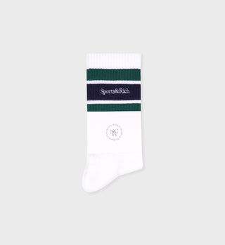 Serif Logo Striped Socks - White/Navy/Alpine