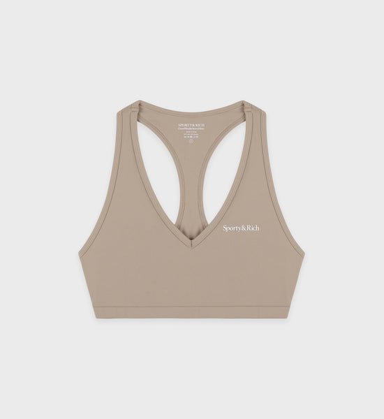 Serif Logo V Neck Sports Bra - Elephant/White