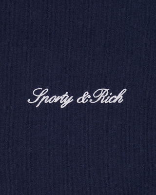 Navy blue fabric with 'Sporty & Rich' embroidered in white