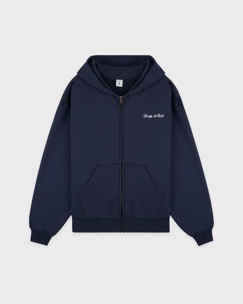 Signature Logo Embroidered Zip Hoodie - Navy/White