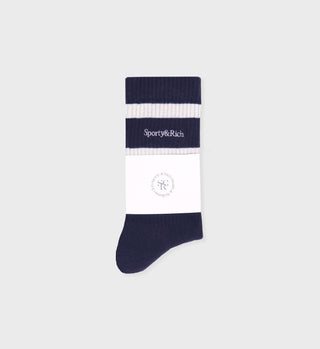 Serif Logo Striped Socks - Navy/White