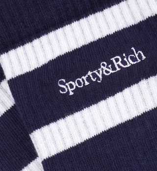 Serif Logo Striped Socks - Navy/White