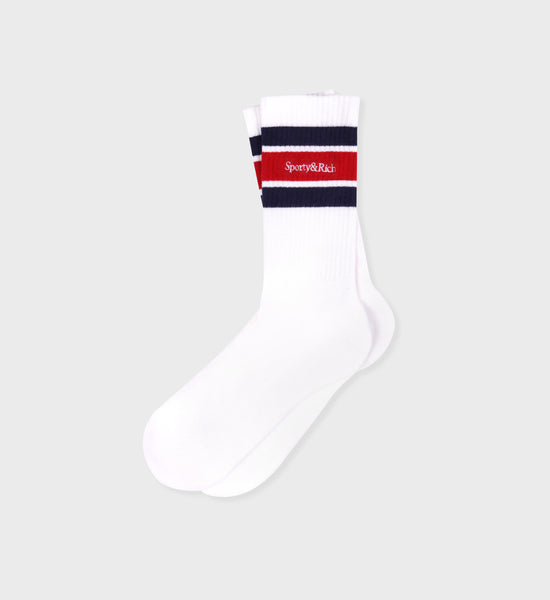 Serif Logo Striped Socks - White/Navy/Sports Red