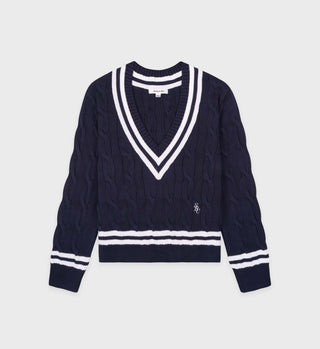 SRC Cableknit V-Neck Sweater - Navy/White