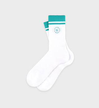 SRHWC Socks - White/Spring Green feature white crew design with spring green cuffs and logo, shown on a light gray background. Made in Portugal and available in women’s sizes for an ideal fit.