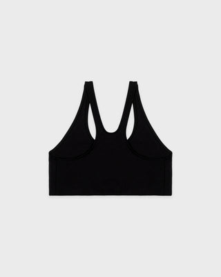 Black sports bra on a light gray background
