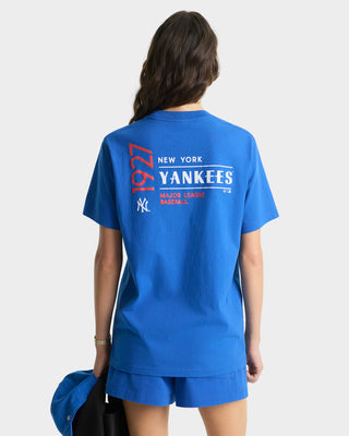 Person wearing a blue New York Yankees t-shirt with branding on the back.