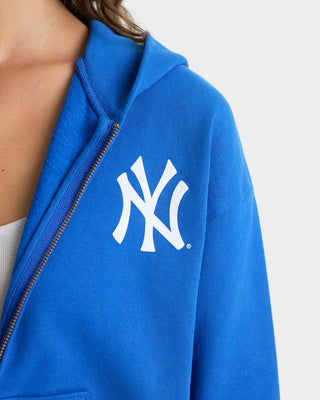 Blue jacket with a white logo on a plain background